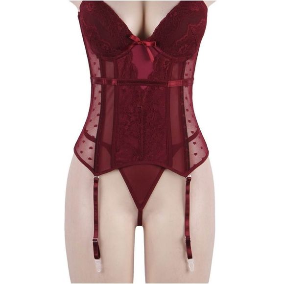 🏷🆕S-2XL; Women's Wine Red Corset with Garter and Matching G String Panties Set - Picture 8 of 14